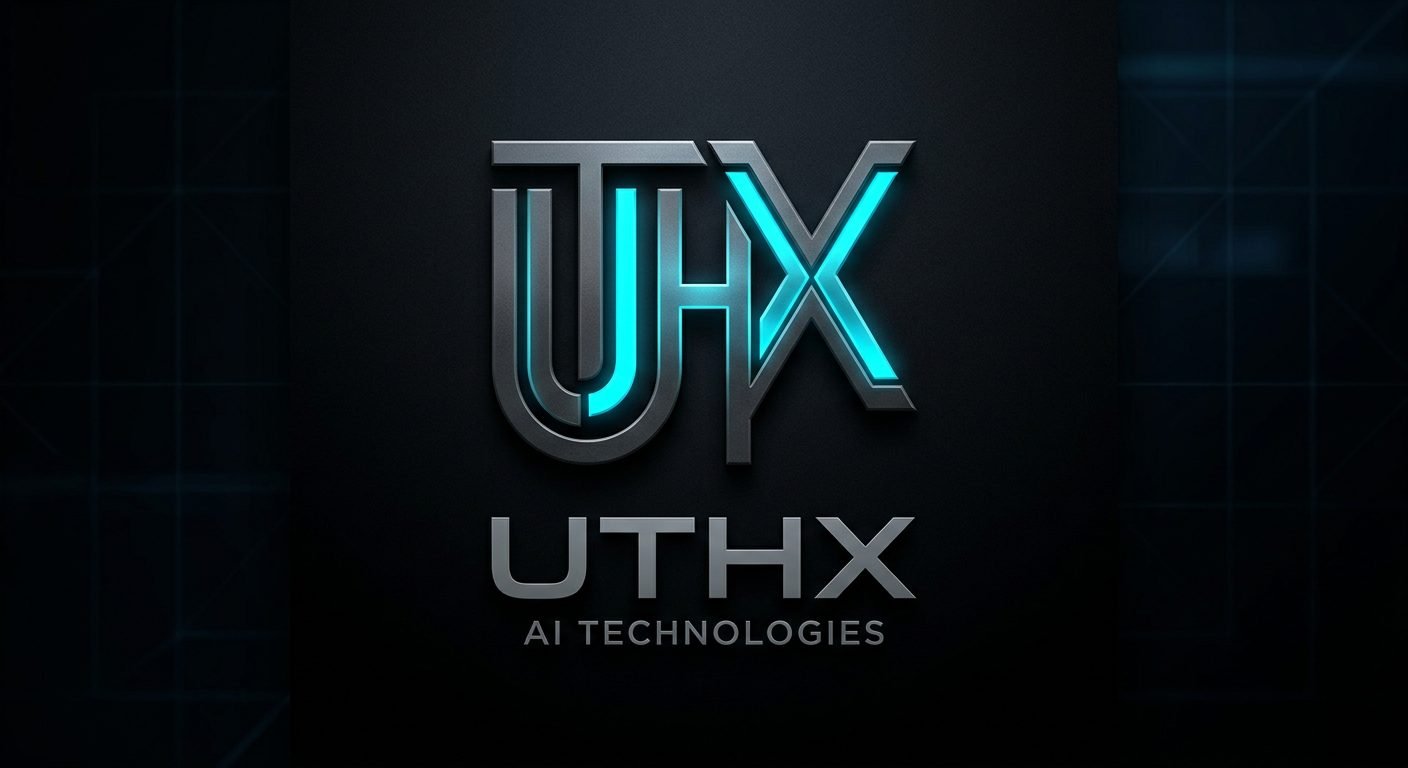 UTHX chrome monogram with electric cyan core on obsidian
